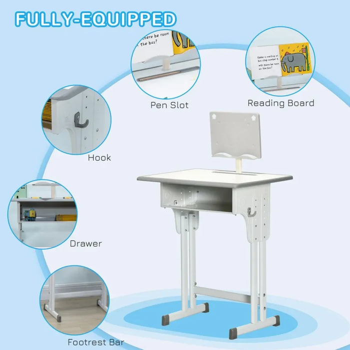 Kids Desk and Chair Set Adjustable Height Study Table w/ Book Stand - Grey