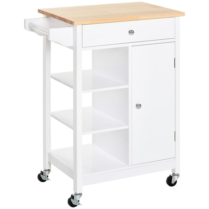 Stylish White MDF Kitchen Trolley: Storage, Shelves, Cupboard, Drawer, Hanging Rail