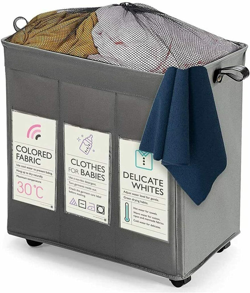 KNIGHT 3 Section Laundry Storage Basket 120L Collapsible on Wheels Mesh Cover (Grey)