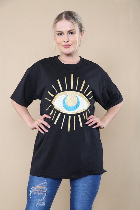 LADIES SEQUIN EYE PRINTED OVERSIZED SHORT SLEEVE T SHIRT TOP