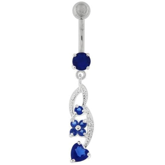 Flower with Heart Dangling Navel Belly Button Ring