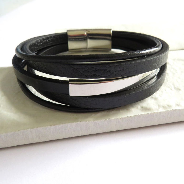 Luxury Men's Black Leather Bar Bracelet