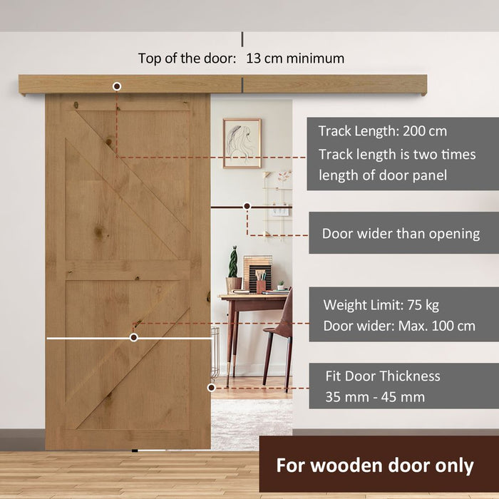 Rustic Sliding Door 6.5 ft Classic Kit Set 2000mm For Single Wooden