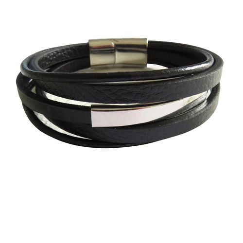 Men's Black Leather Bar Bracelet - Fashion Accessory