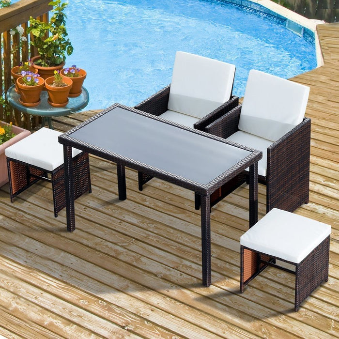 Compact 5 PC Rattan Garden Furniture Set: Wicker Weave, Sofa, Dining, Table, Chair, Footrest