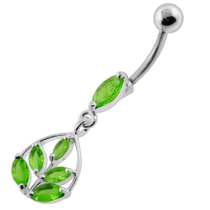 Framed Jeweled Leaf Dangling Navel Belly Piercing