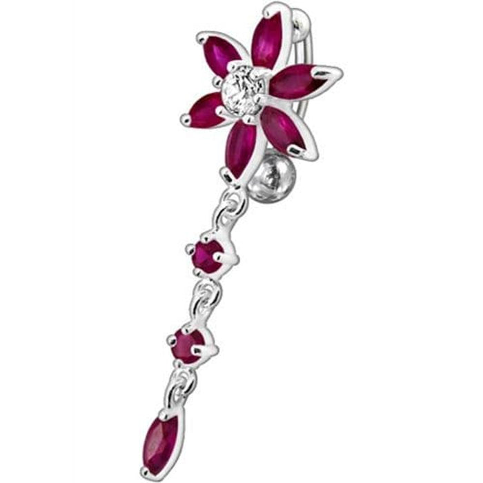 Fancy  Flower With Long Tail Jeweled Dangling Navel Ring