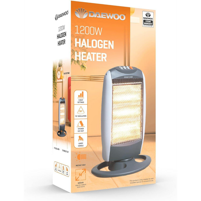 Instantly Warm with Daewoo 1200w Oscillating Halogen Heater - Best Quality Guaranteed!