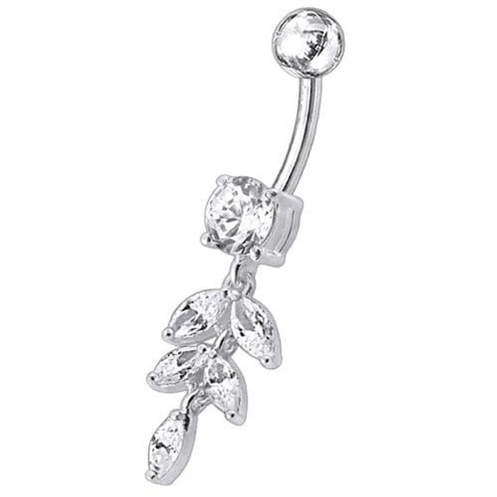 Silver Fancy White CZ Jeweled Dangling SS Banana Bar Navel Ring Body Jewelry