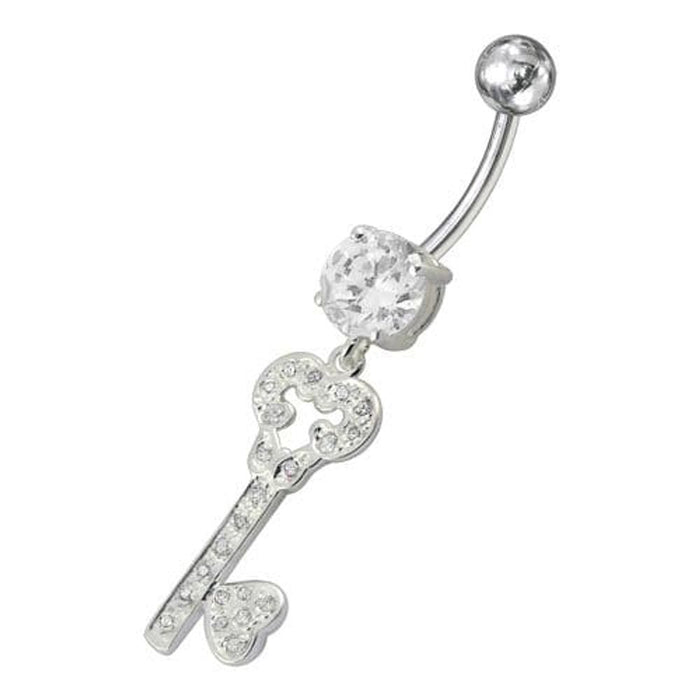 Jeweled Heart Key Dangling Belly Ring