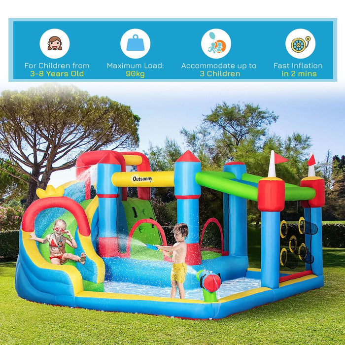 Premium Kids Inflatable Bouncy Castle: 6-in-1 Water Slide, Water Gun, Air Blower - High Quality, Safe & Fun