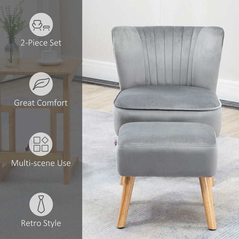 Luxury Velvet Accent Chair w/ Ottoman - Plush Padding, Wood Legs - Light Grey