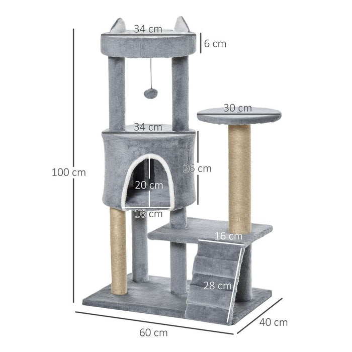 Ultimate Cat Tree: 100cm, Climbing Ladder, Scratching Post & Ball - Professional Quality, Light Grey Pawhut