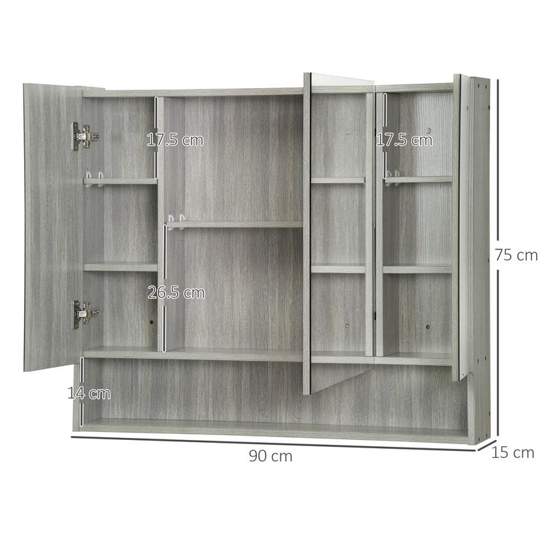 High-End Grey Bathroom Mirror Cabinet, Wall Mounted with 3 Doors and Cupboards - Order Today!