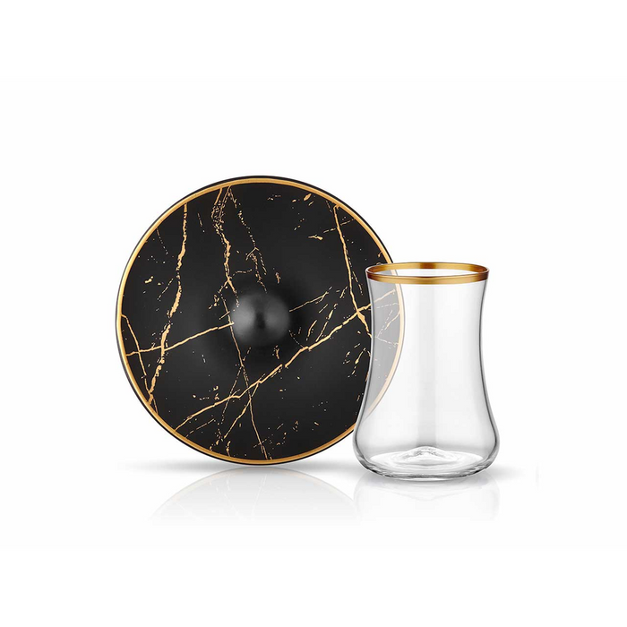 Dervish Marble Tea Glass and Saucer - Black & Mat Gold