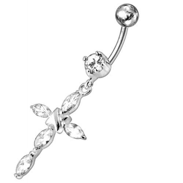 Jeweled Fancy Silver Flower Dangling SS Bar Banana Belly Ring