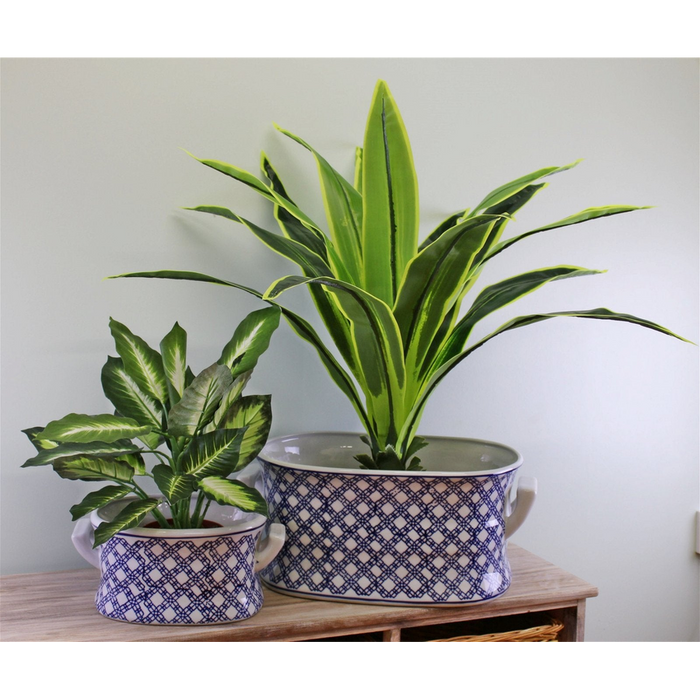 Premium Ceramic Footbath Planters, Vintage Blue & White, Set of 2