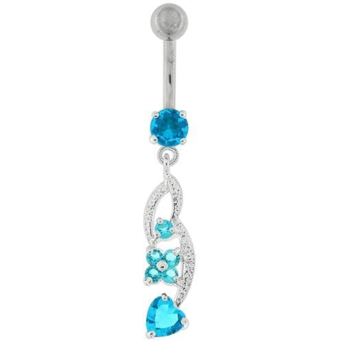 Flower with Heart Dangling Navel Belly Button Ring