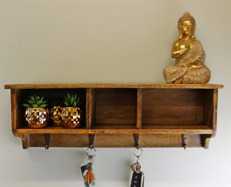Rustic Mango Wood Shelf: Storage Slots & Hooks