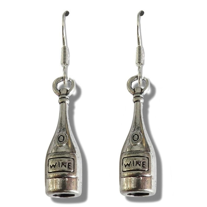 Wine Bottle Drop Earrings - Silver Plated, Antique Finish, Gift Boxed