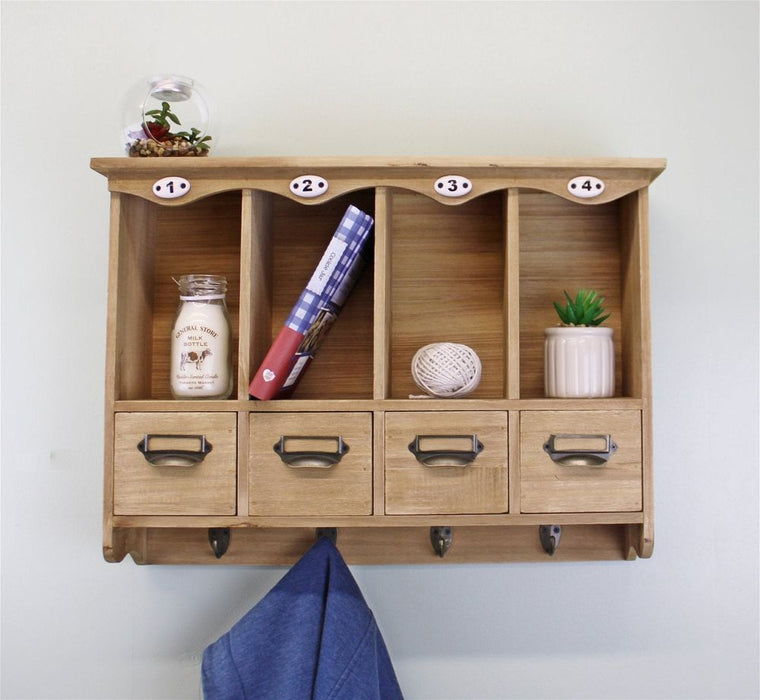 Rustic Wall Storage Unit - 4 Cubbies, 4 Drawers, 4 Coat Hooks