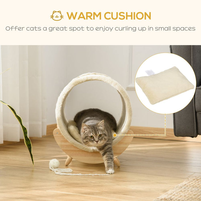 PawHut Raised Cat House Kitten Bed Pet Shelter Wrapped with Scratcher Soft Cushion, 41 x 38 x 43 cm, Beige