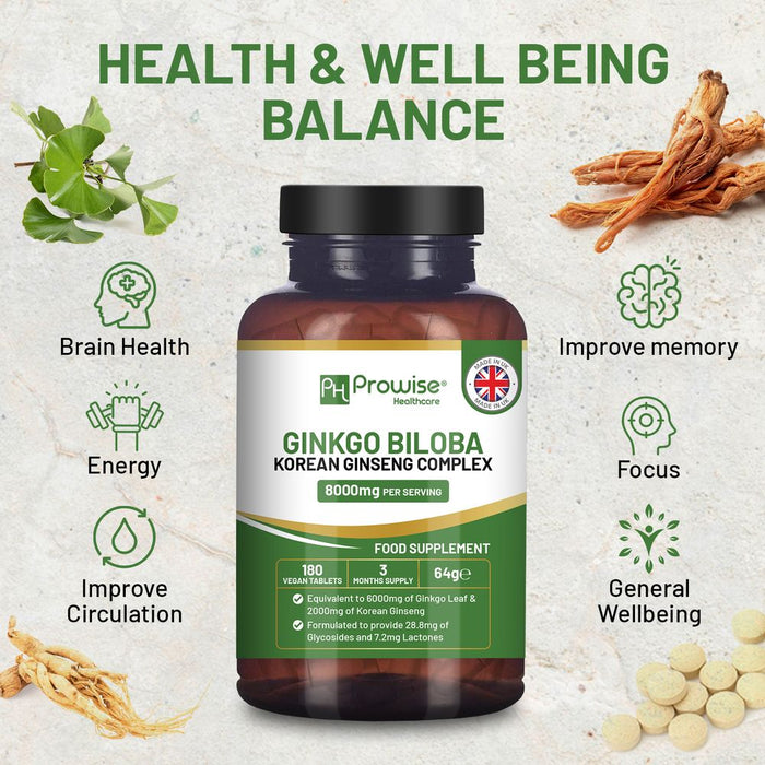 Ginkgo Biloba & Korean Ginseng Tablets 8000mg 180 Vegan by Prowise - Clarity, Focus, & Longevity