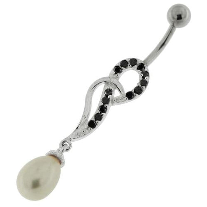 Jeweled Fancy Pearl Silver Dangling Curved Bar Belly Ring