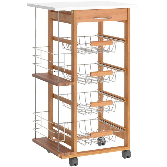 Premium MDF Kitchen Trolley - Storage Cart with 4 Baskets, Spice Racks, and Smooth Wheels - Brown