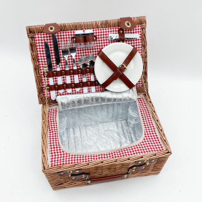 Premium Willow Picnic Basket - 42CM Size. Removable Cooler Bag, Cutlery, Plates, Bottle Opener. High-Quality Wicker. Hand Finished.