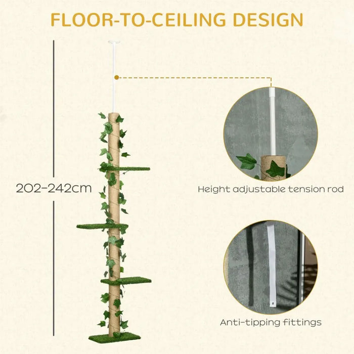 Adjustable Floor-To-Ceiling Cat Tree - 242cm - Anti-Slip - Green