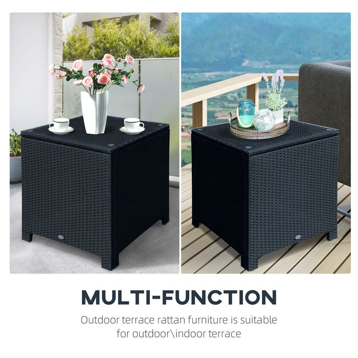 Outsunny Rattan Side Table - Outdoor Wicker with Tempered Glass Top, Sturdy Steel Frame - Black