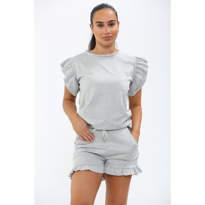 Ladies Frill Peplum Sleeve Top and Short 2 Piece Tracksuit Set