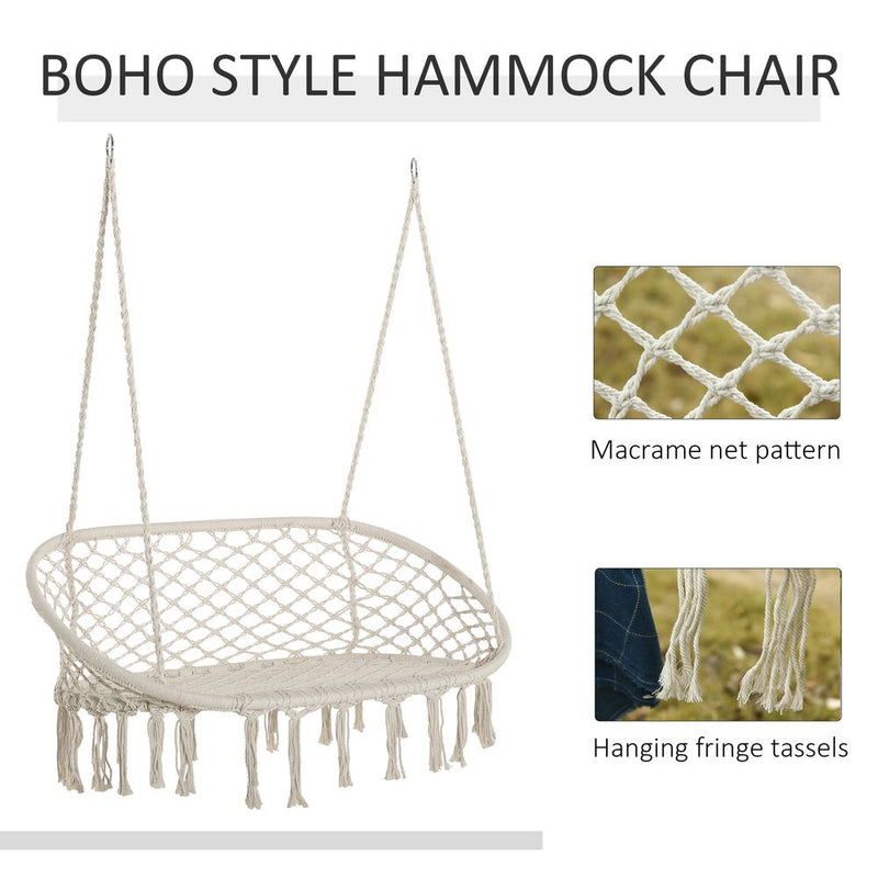 Hanging Hammock Chair, Cotton Rope Swing + Metal Frame, Large Macrame, Cream White