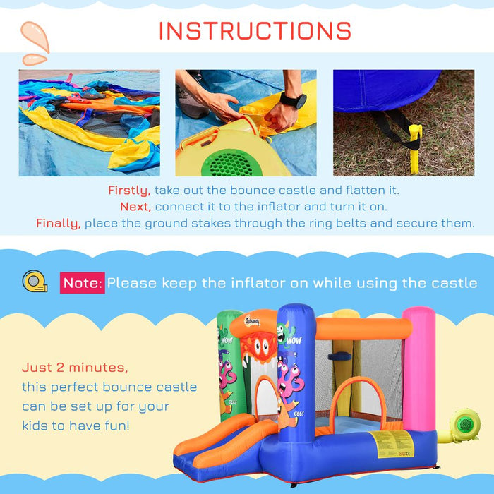 Outsunny 3-in-1 Kids Bouncy Castle with Slide Trampoline Basket, Inflatable Bounce House with Blower for Kids Age 3-8 Monster Design 2.5 x 1.8 x 1.75m