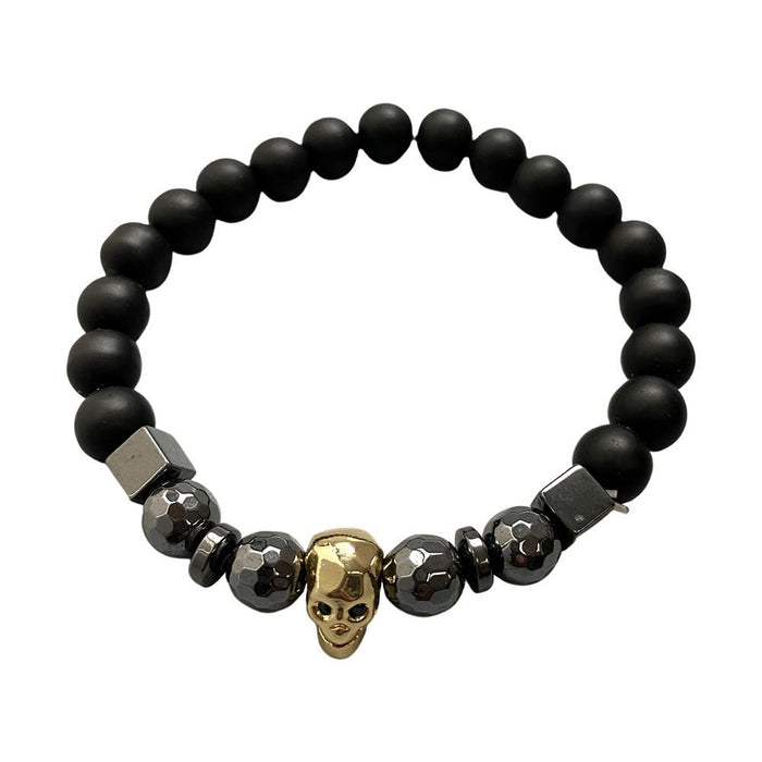 Edgy & Bold Skull Bracelet: Metallic Charm, Hematite, Lava & Wood Beads - Make a statement with our unique accessory!