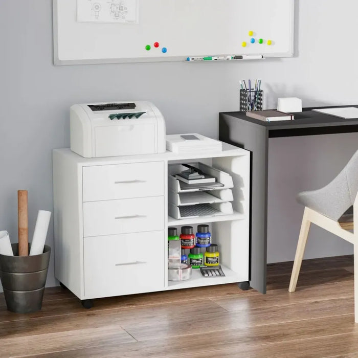 Premium 3-Drawer Storage Cabinet | Office & Home | Freestanding | 2 Shelves | 4 Wheels | White