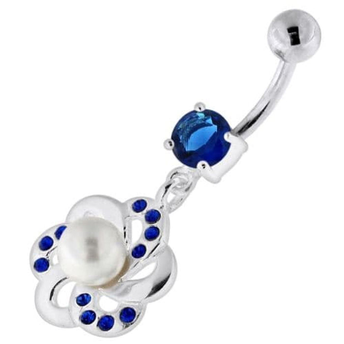 Jeweled Flower with Center Pearl Swirl Navel Belly Piercing