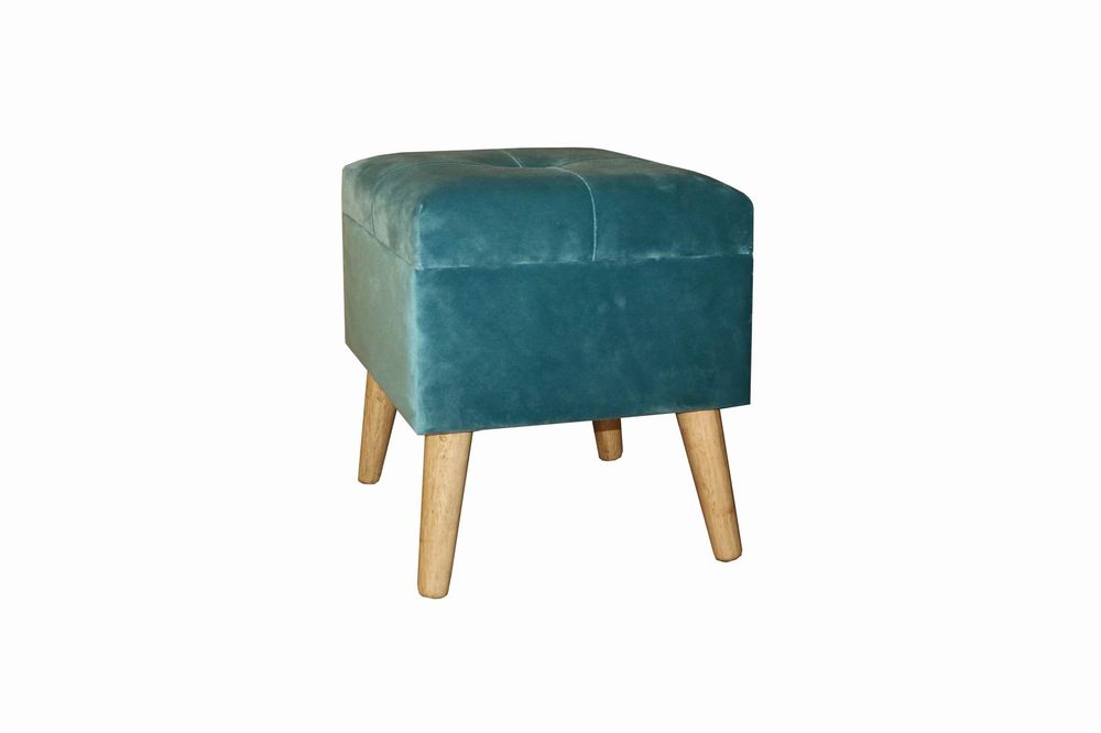 Velvet Footrest Trunk - Blue | Storage Compartment, Wooden Legs