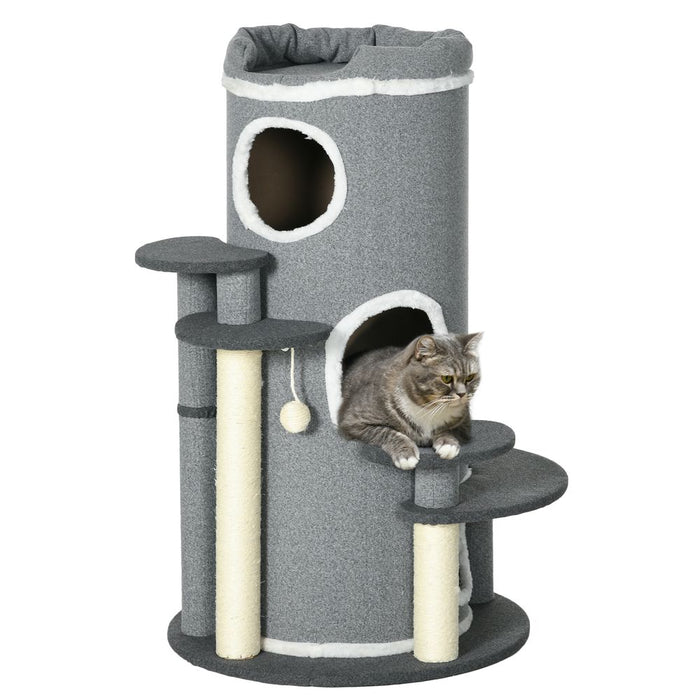 PawHut Barrel Shaped Cat Tree for Indoor Cats with Sisal Scratching Posts, Grey