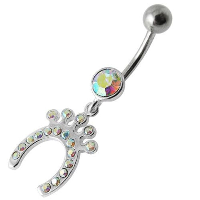 Silver Horseshoe Jeweled Dangling SS Bar Belly Ring