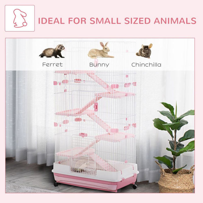 PawHut Pink Small Animal Cage - Indoor Bunny Ferret Chinchilla - 6 Levels - Wheels Tray - 158.6H x 81.2L x 52.7Wcm