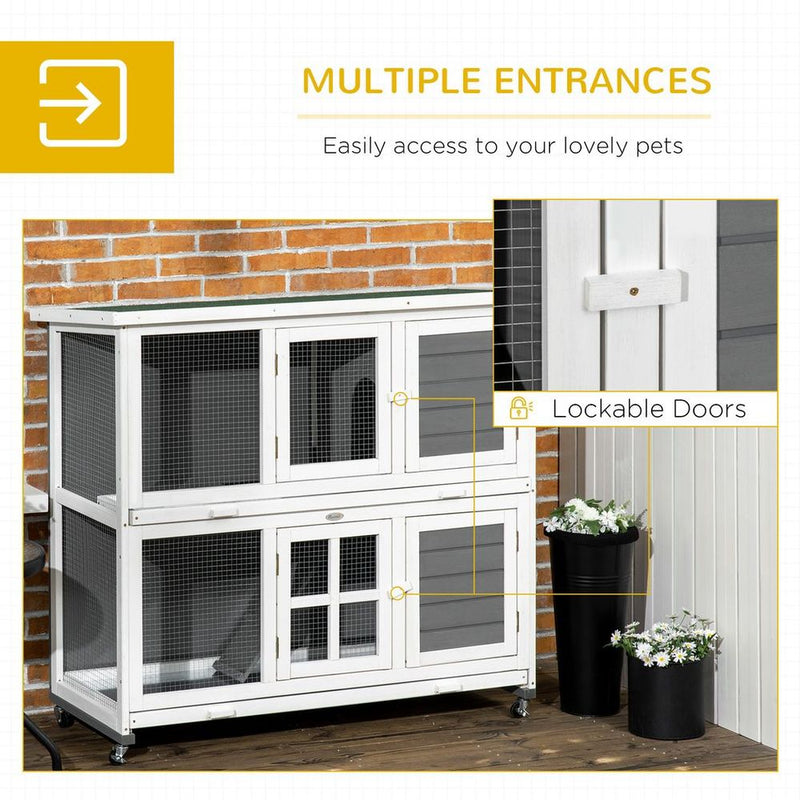 PawHut Wooden Hutch, Small Animal House - Wheels, Tray, Grey