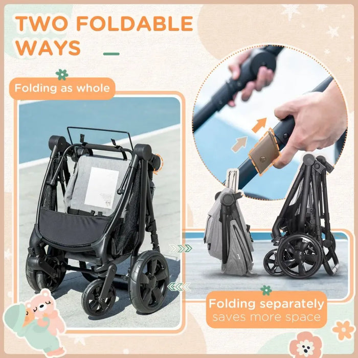 Foldable Baby Pushchair w/ Fully Reclining Backrest From Birth to 3 Years- Gey