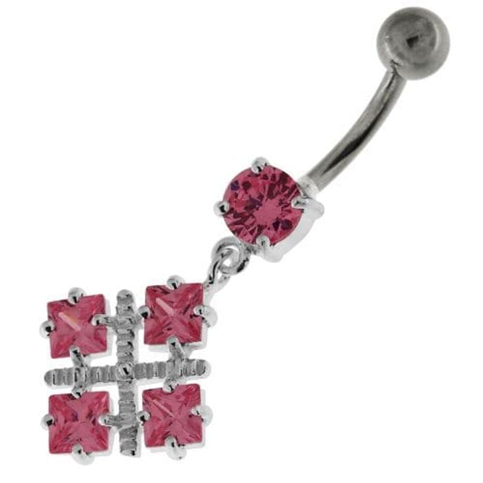 Four Square Jeweled Sterling Silver Navel Bar