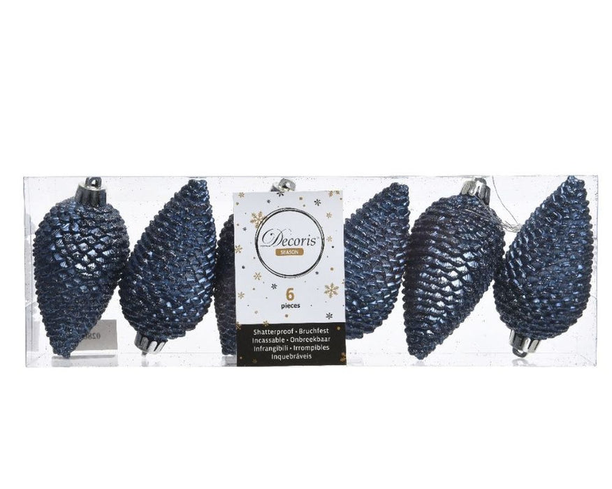 Shatterproof Night Blue Glitter Pine Cone 8cm Pack of 6 - Christmas Tree Decoration