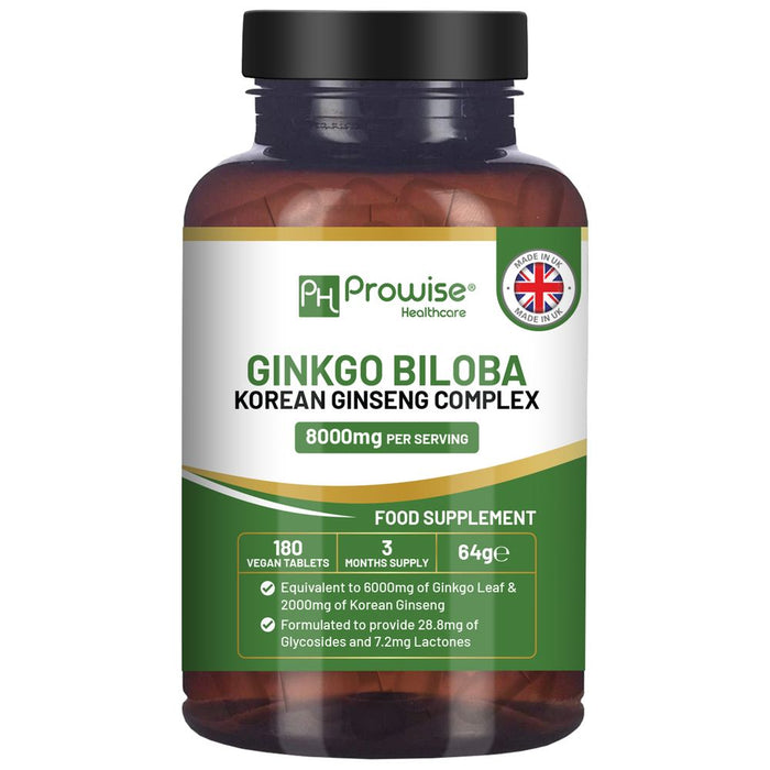 Ginkgo Biloba & Korean Ginseng Tablets 8000mg 180 Vegan by Prowise - Clarity, Focus, & Longevity