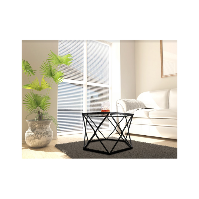 Premium Hexagon Black Coffee Side Table - Sleek Design, Tempered Glass Top