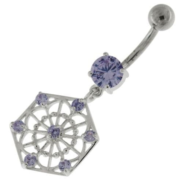 Sterling Silver Jeweled Hexagon Cut out Navel Bar