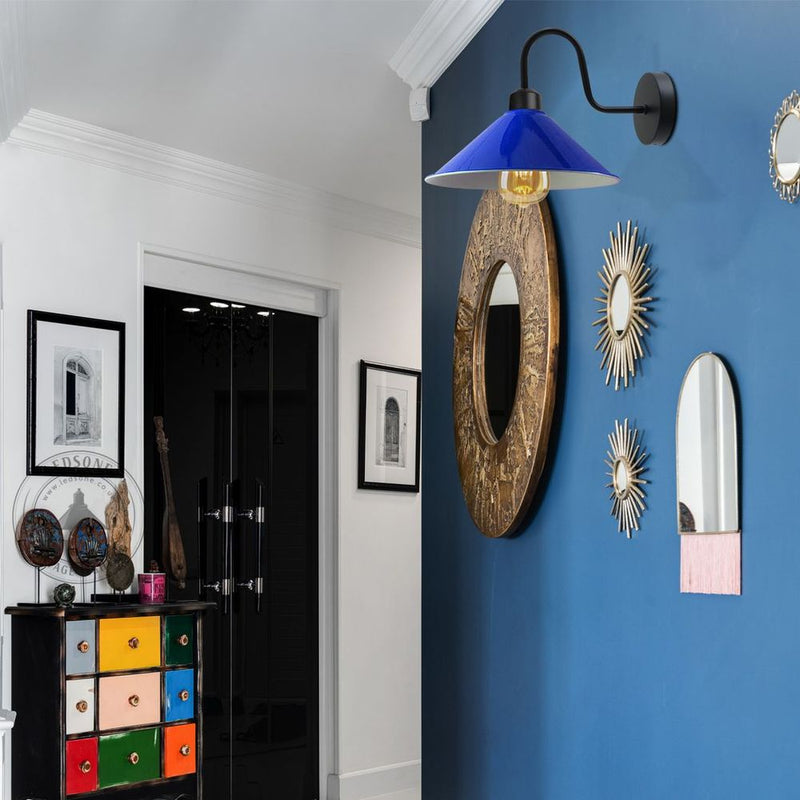 Navy Blue Wall Light Fixture, Black Wall Sconce - Vintage Swan Neck Cone Shade - E27 Base - High Quality - 3 Year Warranty